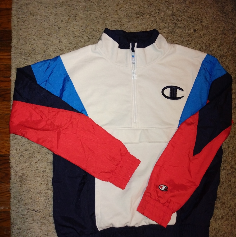 Champion Mixed Media Retro Style Windbreaker Sweater JL5742